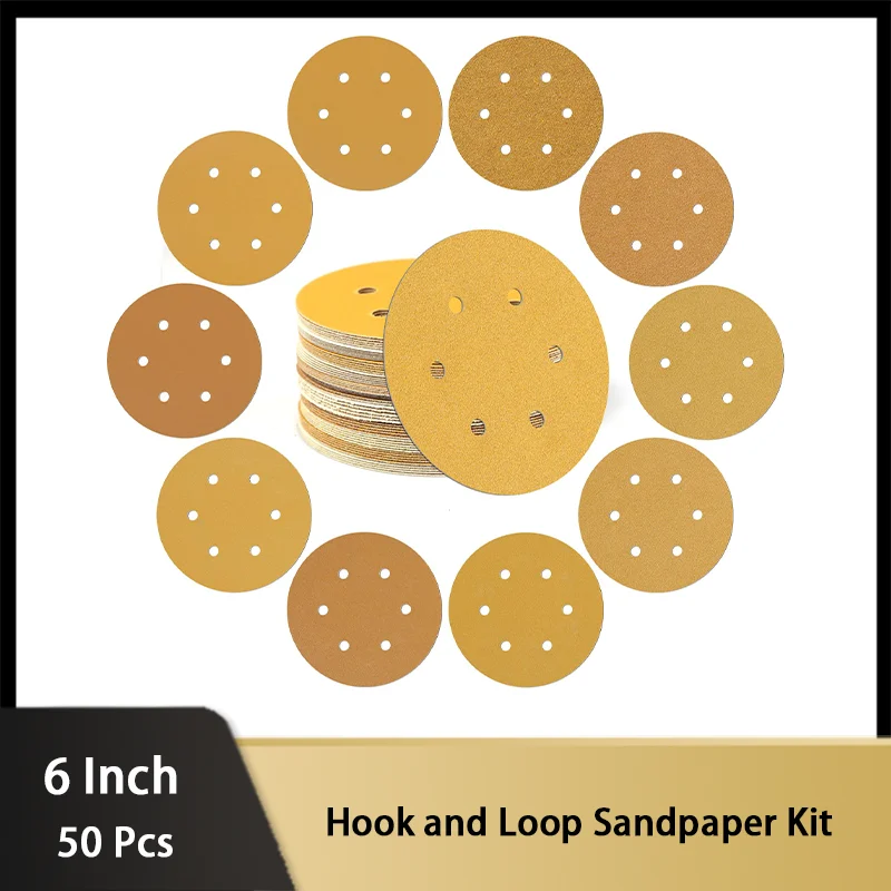 6 Inch 6 Holes Hook and Loop Sandpaper Kit 50 Pack Assorted Grits 40-600 Grit Ideal for Orbital Sanders in Automotive and Wood