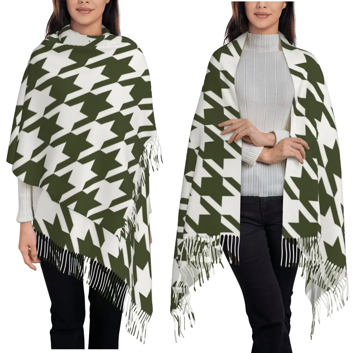 

Зеленый чай и крем, шарф с узором «гусиные лапки», шарфы с кисточками для женщин, мягкие теплые шали и накидки, большая осенне-зимняя шаль