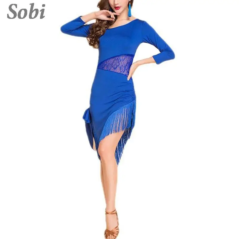 New Latin Dance Dress Sexy Mesh Stretchy One-piece Latin Dress for Women Long-Sleeve Tassel Ballroom Tango Cha Cha Rumba Costume