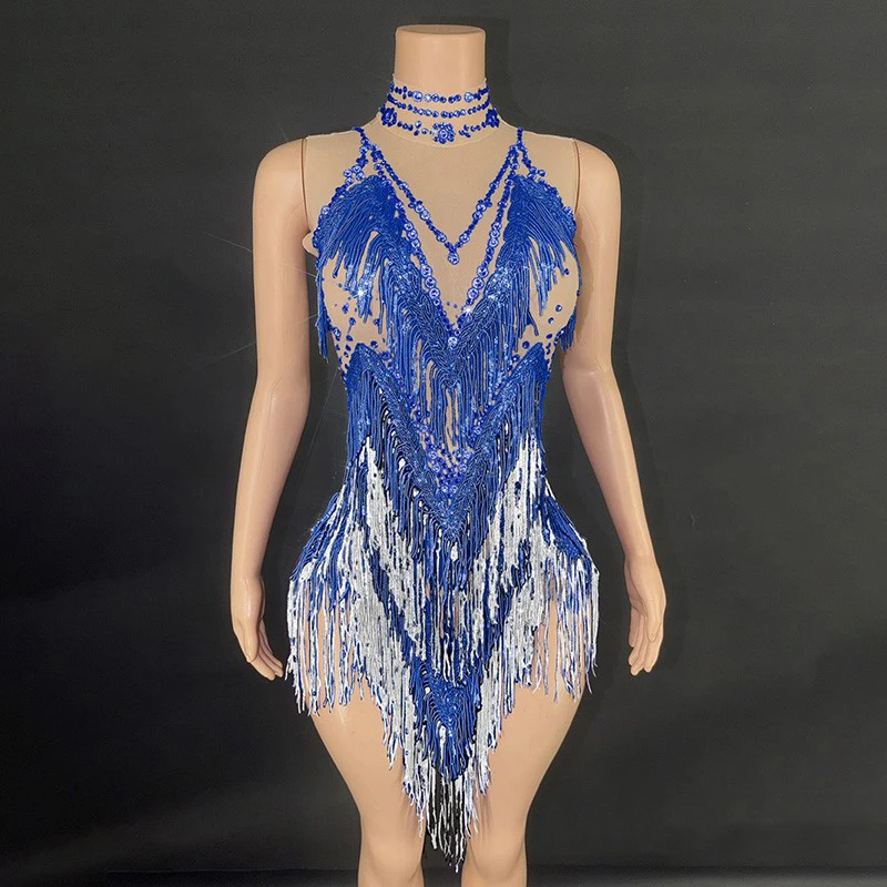 Many Colors Sequins Full Fringed Bodysuit Sexy Gogo Dancer Costume Women Pole Dance Dress Bar Dj Ds Stage Drag Queen Outfit 9170