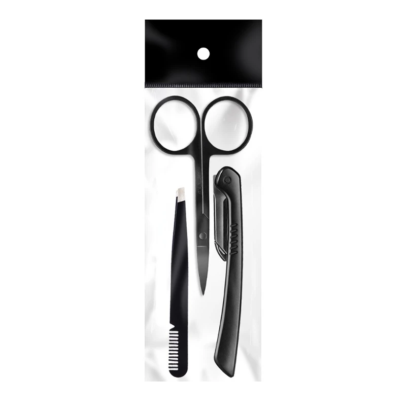 Stainless Steel Eyebrow Grooming Kit with Three Pieces, Including Scissors, Tweezers, And a Razor for Beauty Purposes