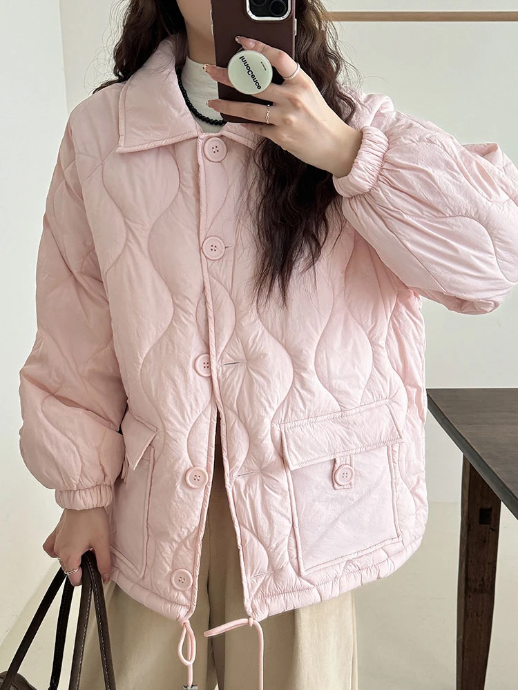 Zoki Korean Women Sweet Parkas Winter Thick Warm Jackets Vintage Long Sleeve Pockets Female Simple Design Elegant Puffy Coats