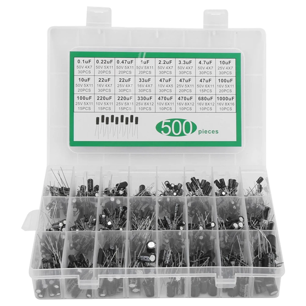 500Pcs Electrolytic Capacitor Assortment Kit+Box Aluminum 24Values 0.1UF-1000UF Low Frequency Radial for TV VCD DCD Speaker