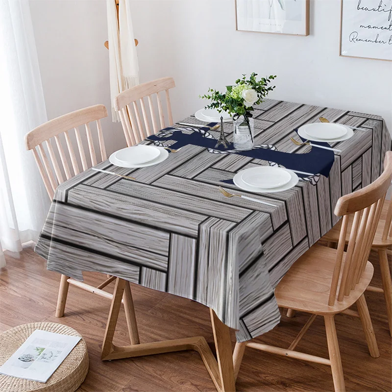 Wood Texture Marine Anchor Tablecloth Waterproof Dining Table Party Rectangular Round Tablecloth Home Textile Kitchen Decoration