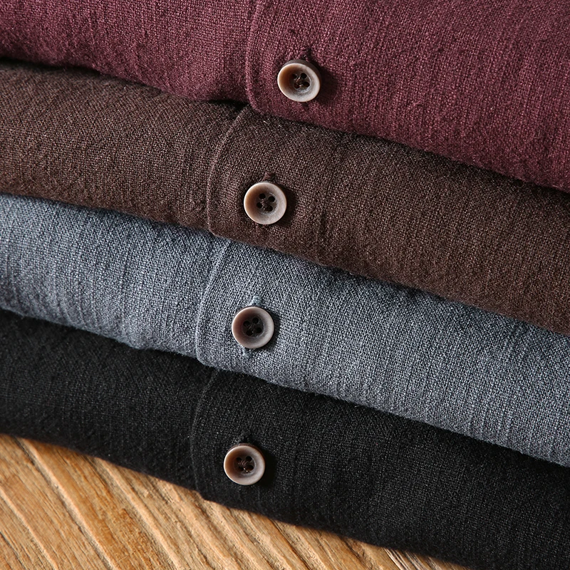 National Style Shirts For Men Long Sleeved Ramie 70% &Cotton 30% Spring Quality Breathable Solid Color Pockets Camisas De Hombre
