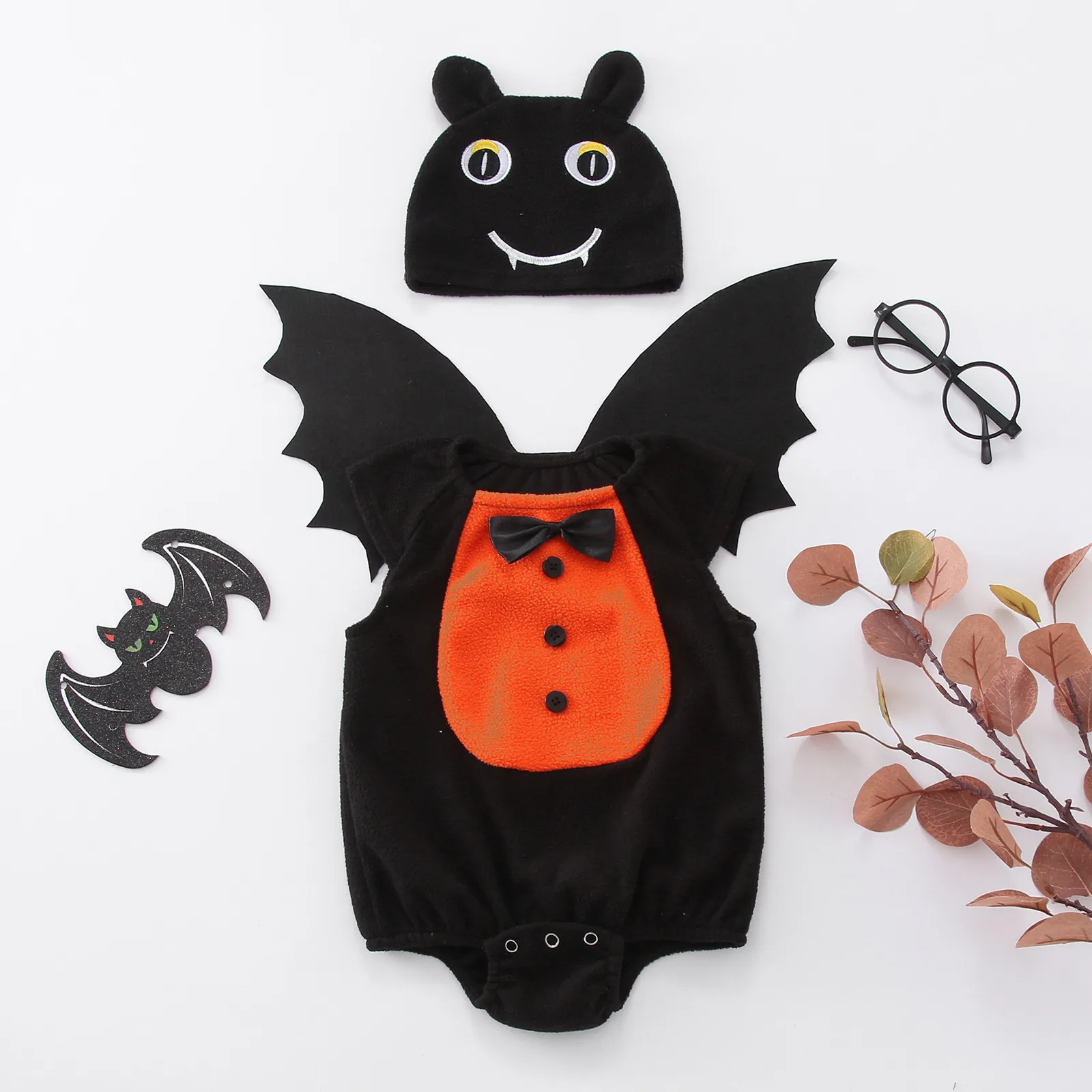 3PCS Infant Girls Boys Rompers Sets Baby First Halloween Costumes Bat Cosplay Soft Fleece Romper Jumpsuit Sets With Wing Hat Set