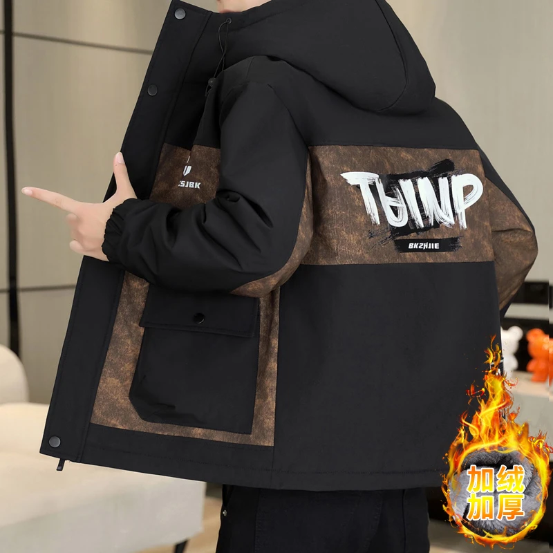 

2025 Men's Cotton Jacket Color Matching Hooded Velvet Thickened Autumn Winter Casual Warm Sports Tops And Coats