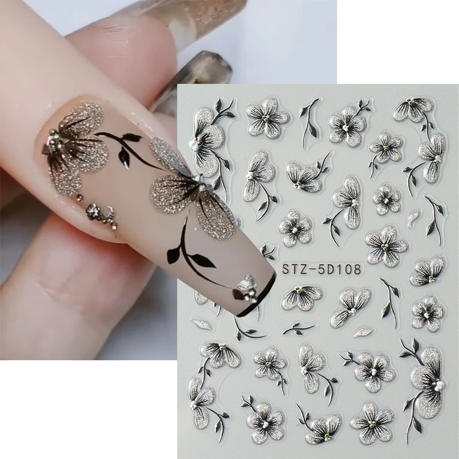 Autocollants pour ongles à paillettes noires 5D, aquarelle floraison, décalcomanies de transfert adhésif Floral de printemps, décor pour Nail Art coulissant