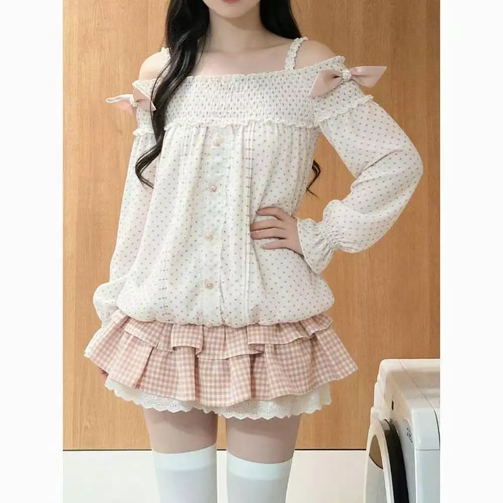 

Japanese Retro Sweet Suits Women Lolita Ruffle Tops Bow Mini Skirt 2 Piece Sets Y2k Kawaii Cute Casual Fashion Outwear