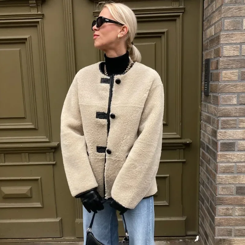 New Winter Fur Coats Fashion Thick Warm Patchwork Loose Shearling Jacket 2025 Office Lady Streetwear Women's Outerwear