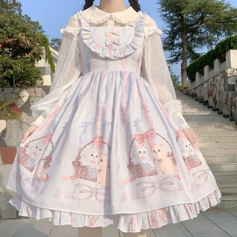 

Kawaii Lolita Dress Women Girls JSK Lolita Kawaii Cute Cats Tea Party Dresses Ruffles Cosplay Spring Summer Slip Dress