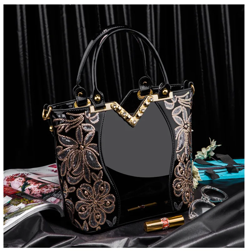 AMELISH Luxury Bag for Women 2024 High Quality Patent Leather Flower Embroidery Diamond Tote Handbag Fashion Female Shoulder Bag