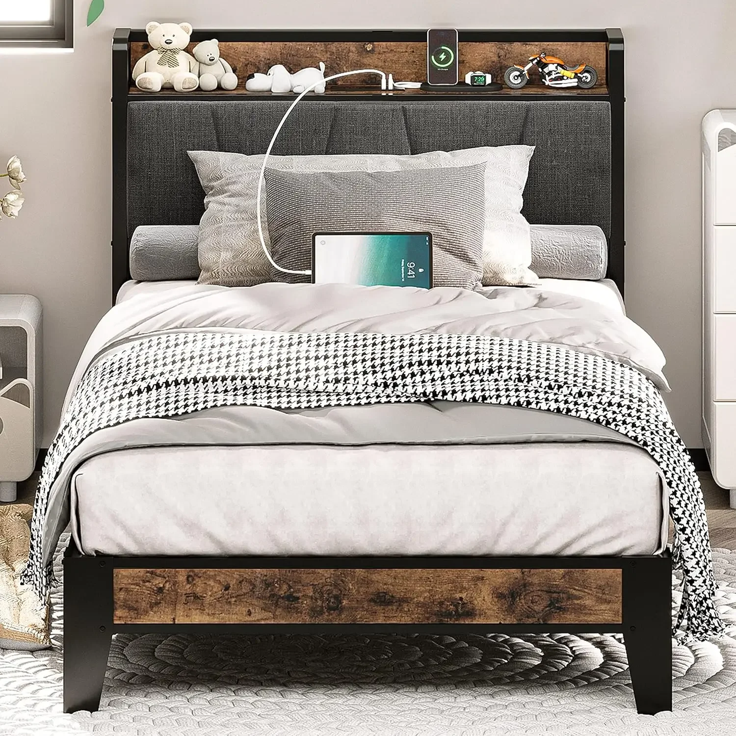 

LIKIMIO Twin Bed Frames,Storage Headboard with Charging Station,Solid and Stable, Noise Free,No Box Spring Needed, Easy Assembly