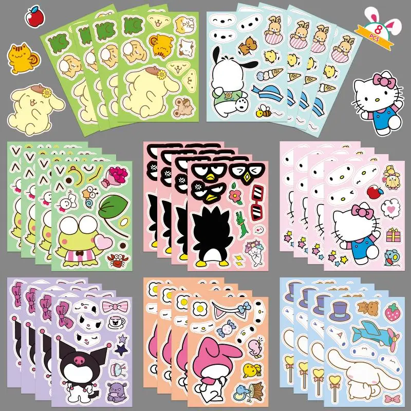 8Pcs Diy Creative Sanrios Face Changing Stickers Kawaii Hello Kitty Kuromi Pochacco My Melody Cartoon Puzzle Sticker Decal Toys