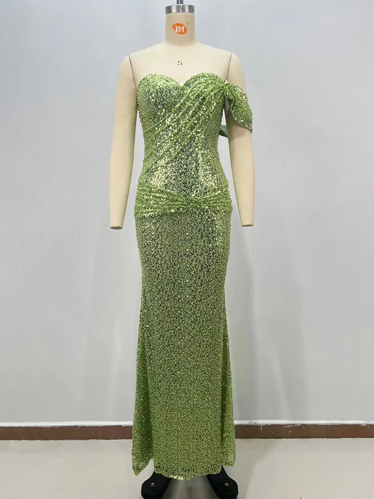 Elegant Mint Green Off Shoulder Pleated Ruched Rhinestone Mermaid Dress Slim Fit Floor Length Cocktail Red Carpet Evening Gown