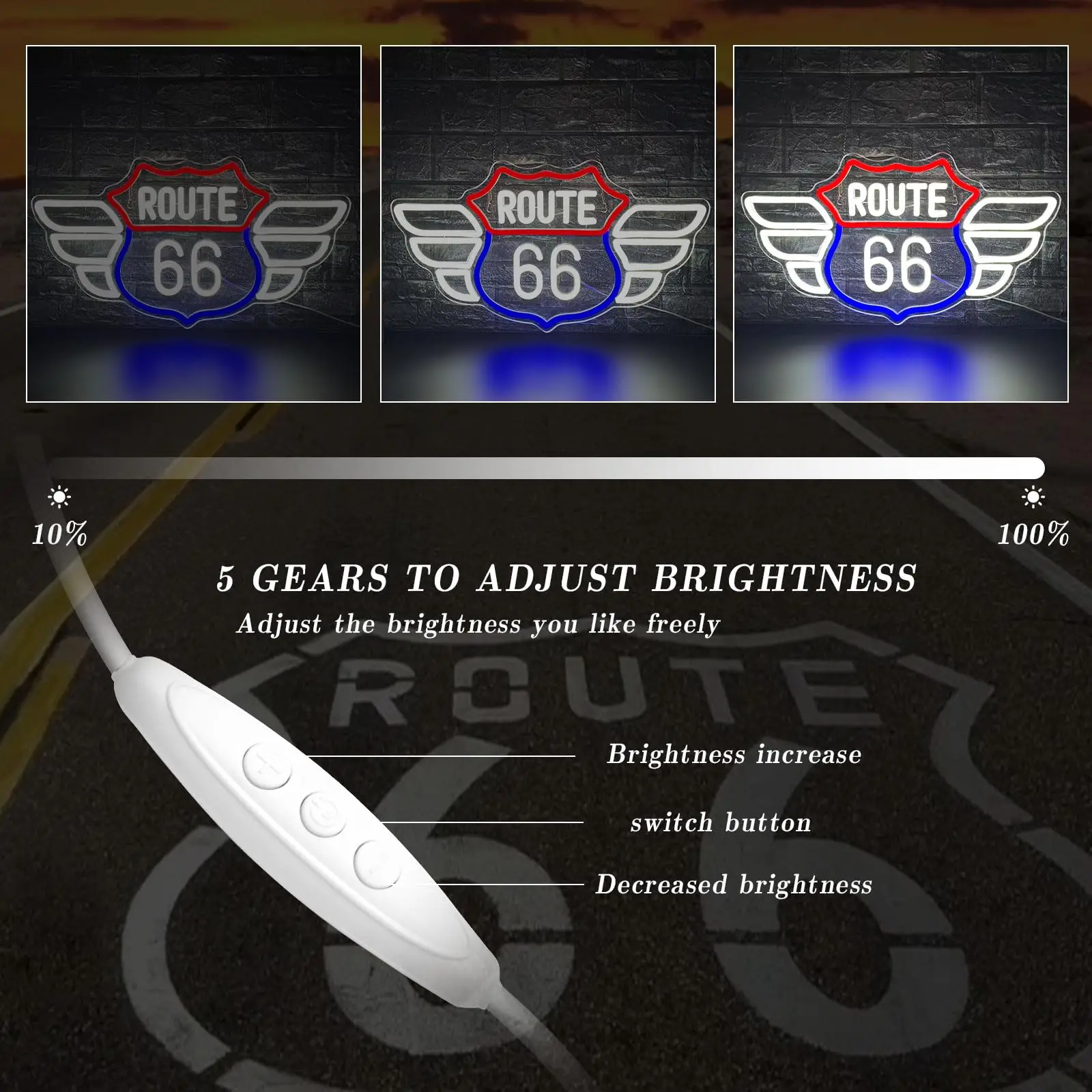 Route 66 Neon Sign Vintage American Highway Dimmable LED Light USB Powered for Man Cave Home Bar Garage Game Room Gift