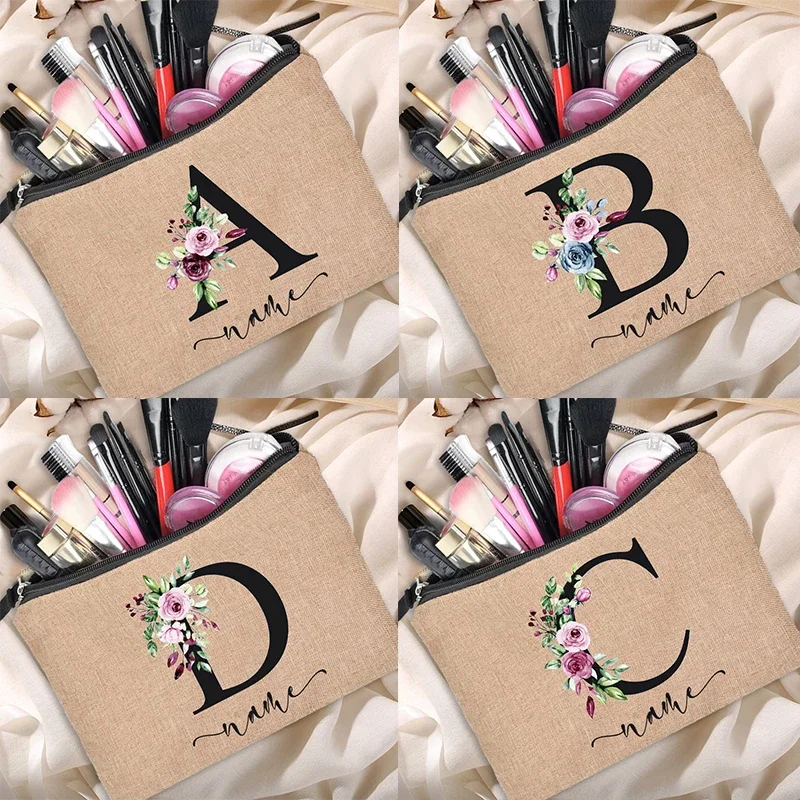 Saco de maquiagem de linho personalizado, bolsa de batom, saco cosmético, lápis, embreagem da dama de honra, ao ar livre