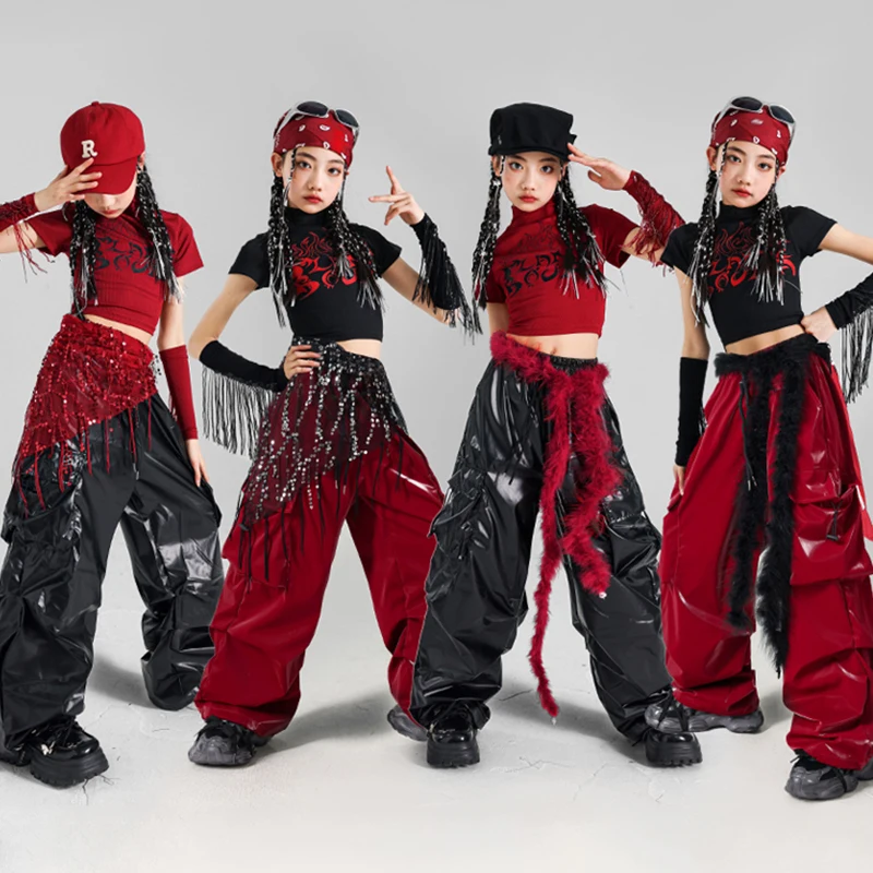

Jazz Dance Stage Outfit Girls Kpop Performance Suit Black Crop Top Hip Hop Trousers Kids Fashion Clothes Street Dance Wear 2090