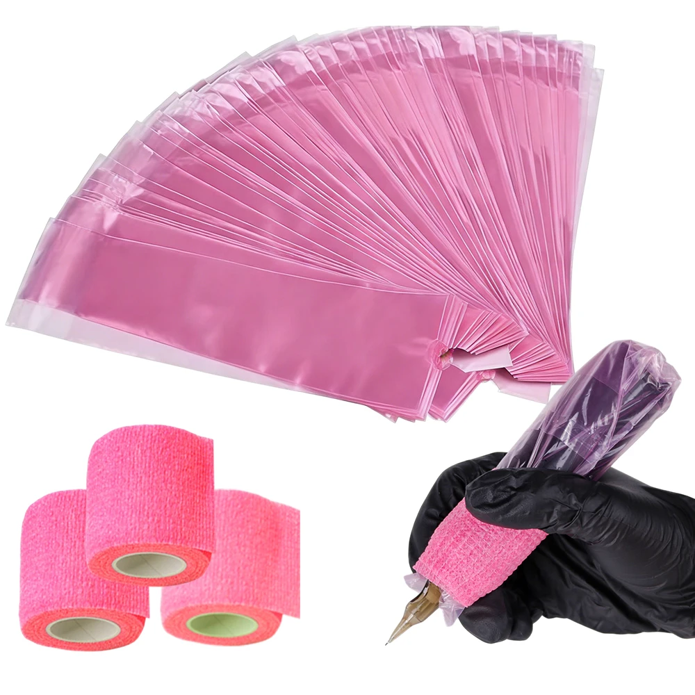 200Pcs Disposable Self-Adhesive Tattoo Machine Covers & 3 Rolls Self-Adhesive Grip Tape Hygienic Tattoo Supplies for Artists