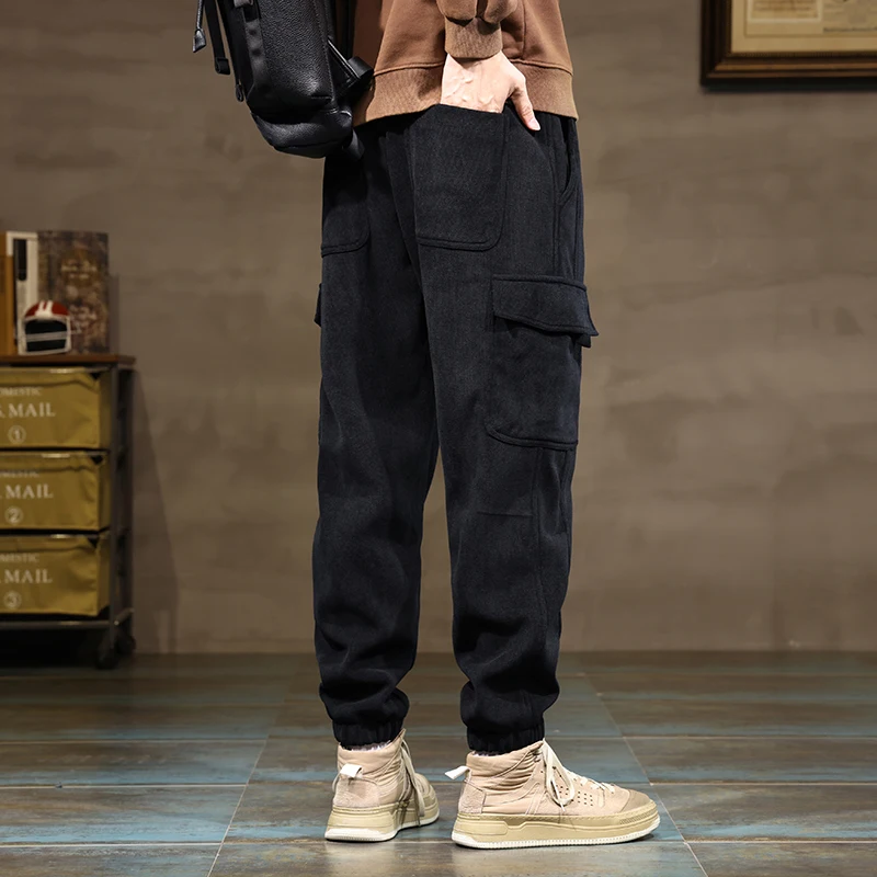 Winter Thick Fleece Men's Jogging Pants Warm Comfort Sweatpants Loose Casual Fashion Korean Multi-Pocket Thermal Cargo Trousers