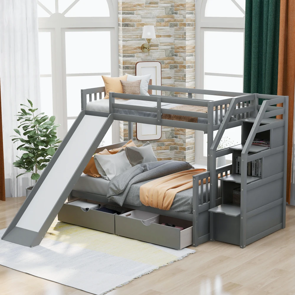 

Twin over Full Bunk Bed with Drawers,Storage and Slide, Multifunction, Gray