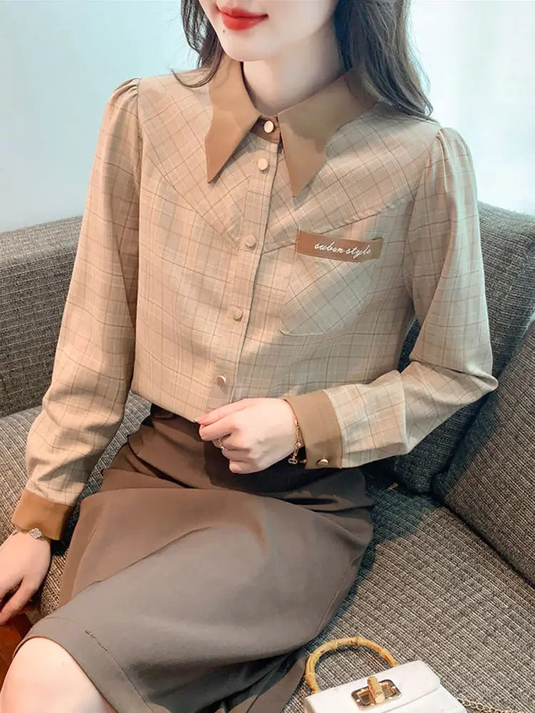 Temperament Polo Collar Contrasting Color Shirt Women Autumn Outfit New Design Sense Long Sleeve Western-style Unique Chic Top