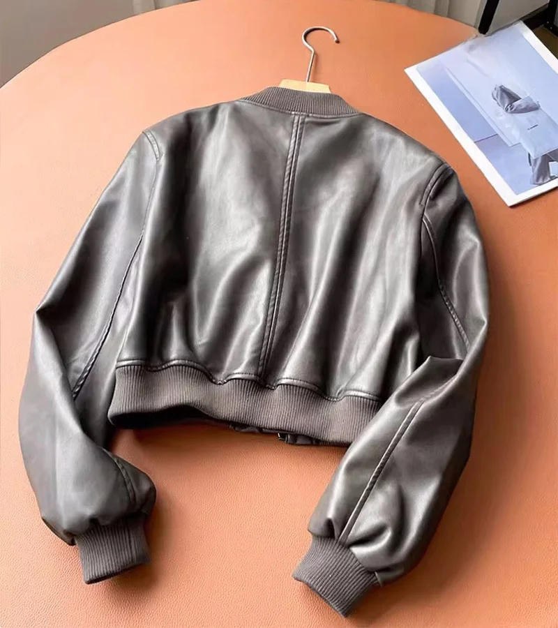 American Sle ort Pilot Jaet Fake Leather Women's Coat Durable Zipper Closure Long Sve Loose Fit Commute Sle