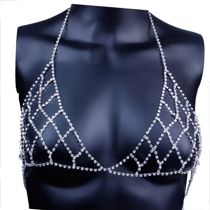 Fashion Beachwear Harness Necklace Inner Mesh Chest Chains Gift Sexy Rhinestone Bra Body Belly Chain Summer Bikini Top Jewelry