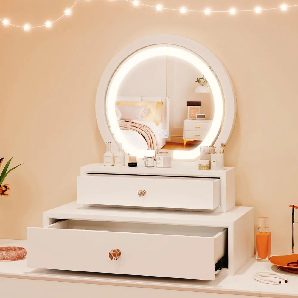 

Косметическое зеркало с местом для хранения — белое настольное косметическое зеркало с подсветкой, 3-цветное регулируемое освещение, настольное зеркало для макияжа