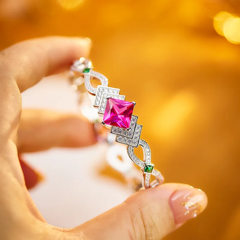 

Designer Collection Style Bracelet Women Lady Inlay Square Rose Red Cubic Zircon Vintage Plated Gold Bangle