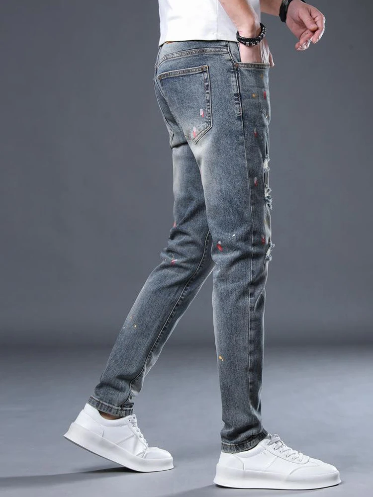 High Stree jeans With Holes For Men's Thin Fashion Brand Slim Feet Summer Black Cowboy Hip Hop Korean Style High Quality pants