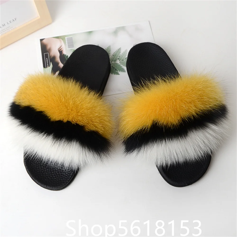 Yellow black whiter contrast Fashion Versatile Real Fox Fur Grass Slippers Popular on the Internet Going Out