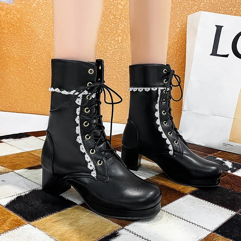 Lolita Lace Boots Women Elegant Japanese Style Sweetness Temperament Party Perform Cosplay Pure Color Frenulum High-heeled Shoes