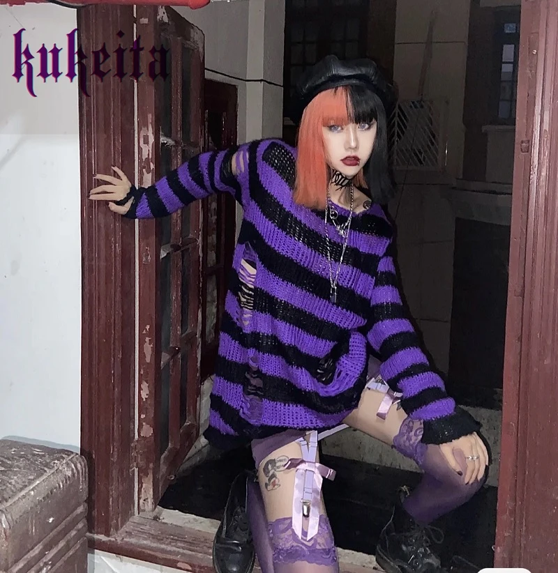 Kukeita Women Sweater Gothic Grunge Striped Knitted Long Pullover Loose Punk Sweater Hole Broken Jumpers Mujer Rock Streetwear