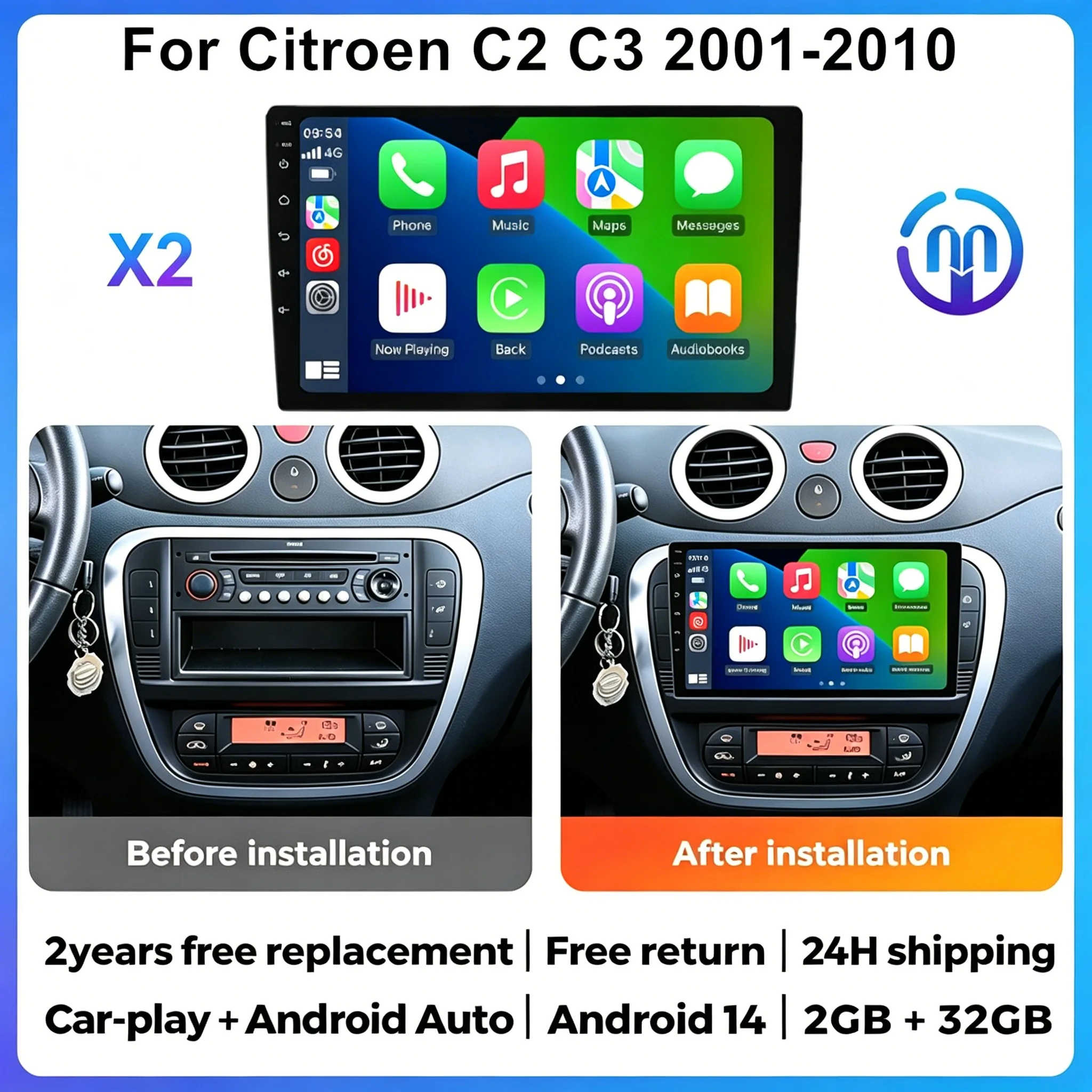 

2026 New Wireless Carplay Android Auto Stereo For Citroen C2 C3 2001 2002 2003 - 2010 Car Radio Multimedia Player GPS RDS Canbus