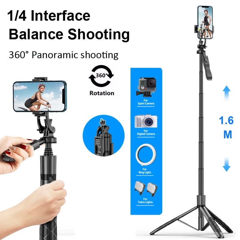 1.6M Long Extended Bluetooth Wireless Selfie Stick 360° Horizontal Vertical Panoramic Balance Shooting Live Broacast Foldable