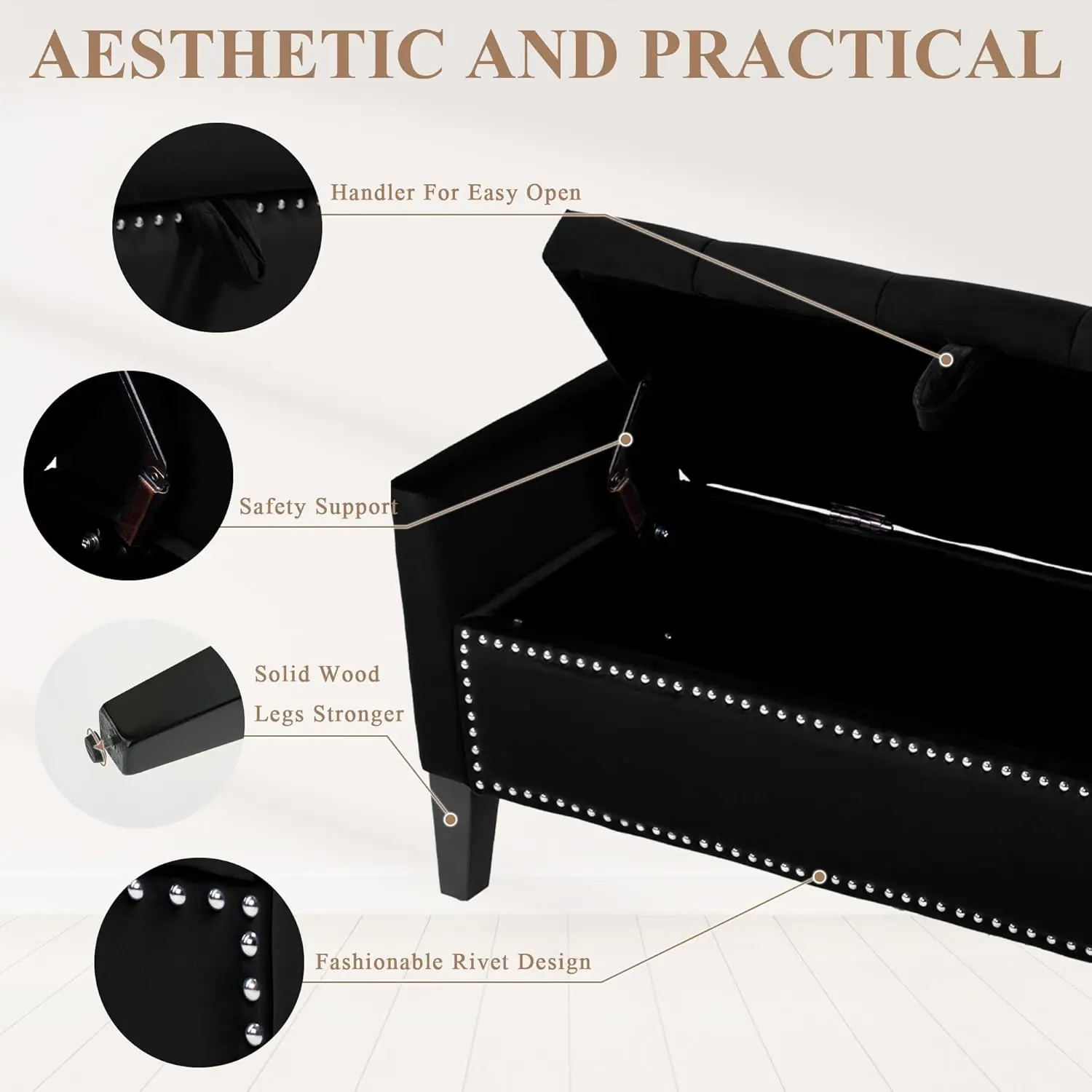 مقعد عثماني للتخزين معنقدة بأزرار منجدة حديثة، 45 مدخل أسود بأذرع، مثالي لغرفة النوم أو المدخل #5