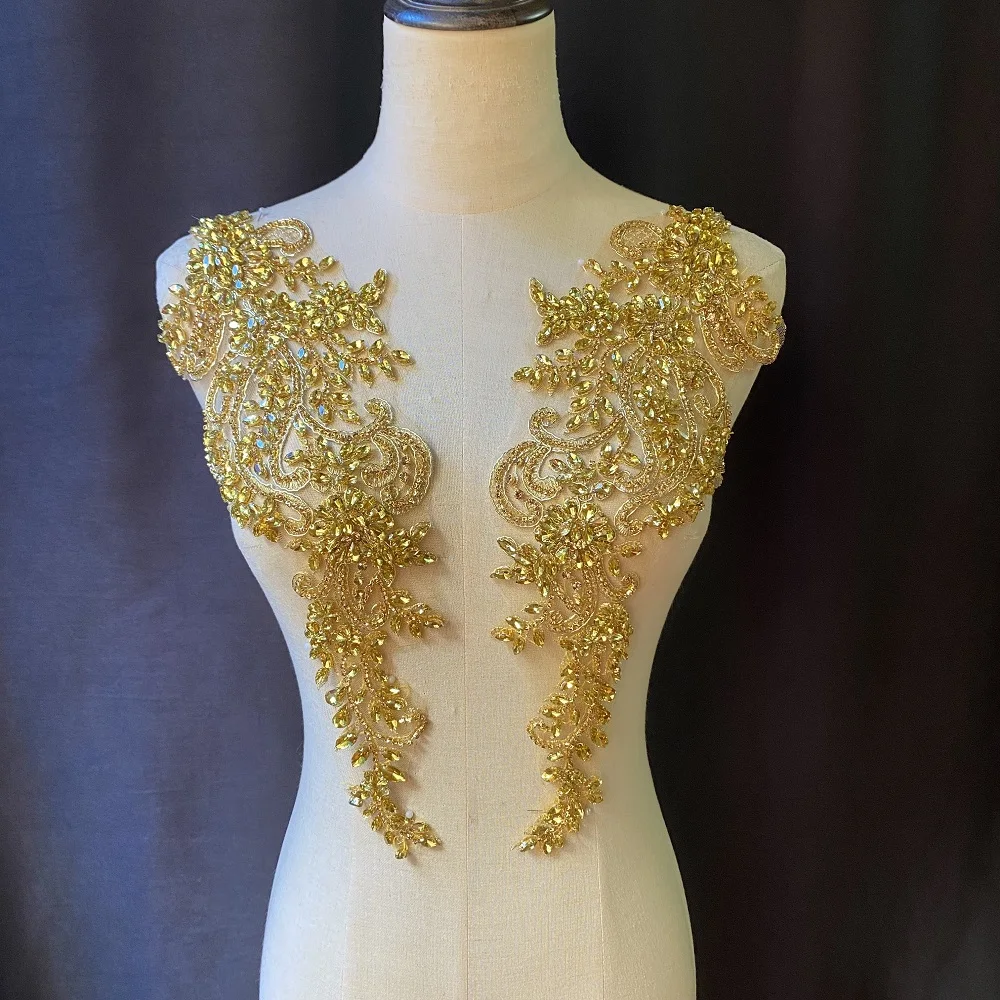 

Luxurious Gold Rhinestone Diamond Applique 3D Flower Crystal Trim Bodice Patch for Ball Gown,Bridal Handcrafted,Corset,by Pair