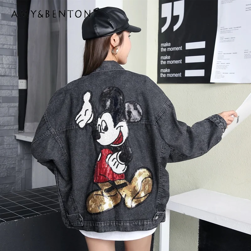 2024 Spring And Autumn New Embroidery Sequin Cartoon Oversized Denim Coat Women\'s Loose Korean Style Mid-Length Jeans Chaquetas