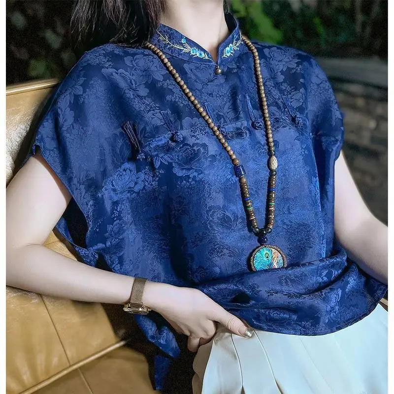 Atasan cheongsam gaya Tiongkok Biru vintage blus wanita warna polos kemeja longgar atasan hanfu harian atasan jacquard antik