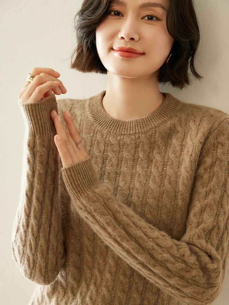 

High Quality Thick Autumn Winter Women O-neck Pullover Sweater Knitted Casual 100% Cashmere High Elastic Dot Yarn Female Top