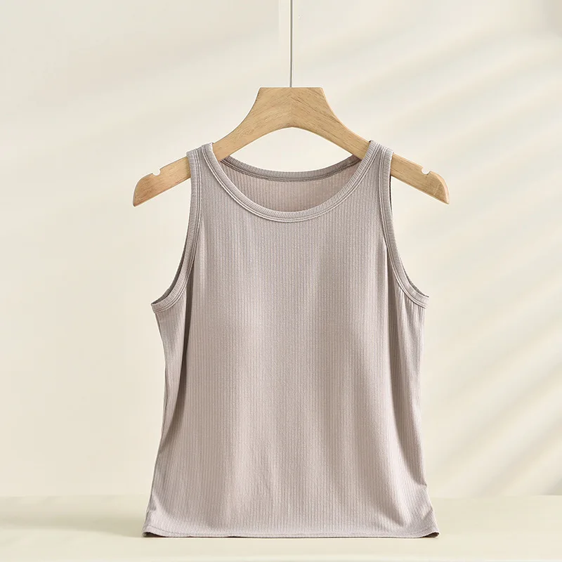 Threaded Modal One Piece Pajamas Sexy Summer Sleepwear Vest Women's Camisole Chest Pad Round Neck Tank Top Bottom Shirt image 3