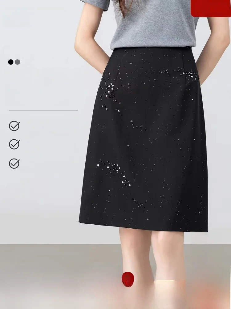 

Женская юбка Ele Commuter с серебряной вышивкой бисером, новая модель 2026 года, прямая миди-юбка с высокой талией и узором «звездный кластер»
