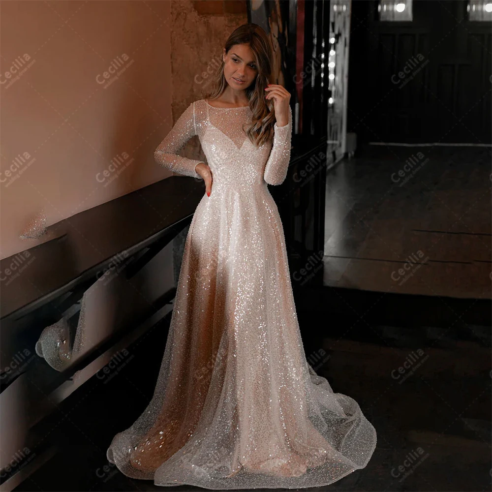 

Glitter Wedding Dresses A-Line Graceful Bridal Gowns Sequin Appliques Full Sleeves Robes For Formal Party Vestidos De Novia 2024