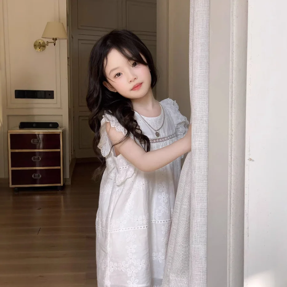 

Girls Lace Dress 2025 Summer New Baby Girl Foreign Sweet Little Flying Sleeve Princess Sleeveless Dress fashion