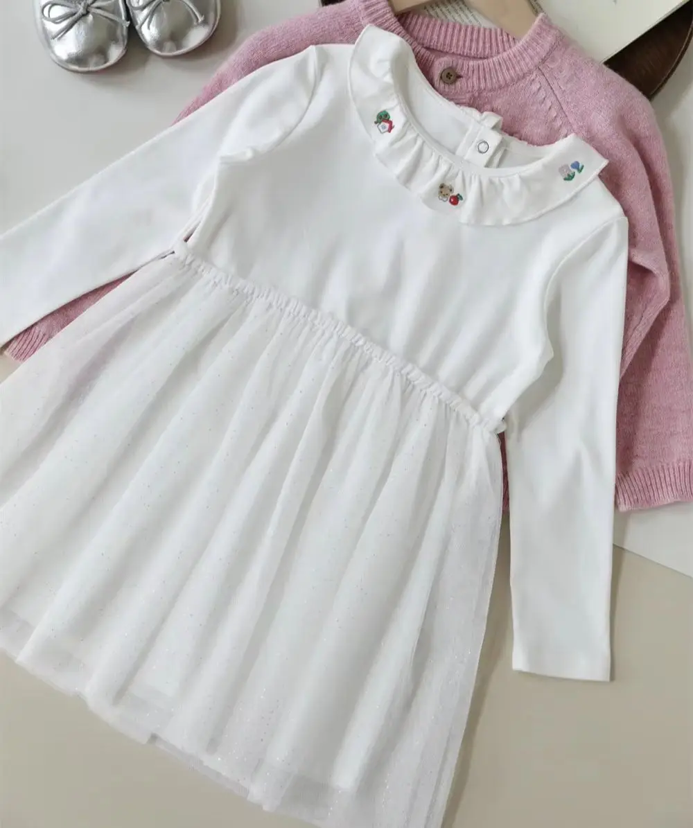 

kids dress fall baby girls clothes Cartoon pattern embroidered lace collar Mesh splicing girls' long sleeved white dress