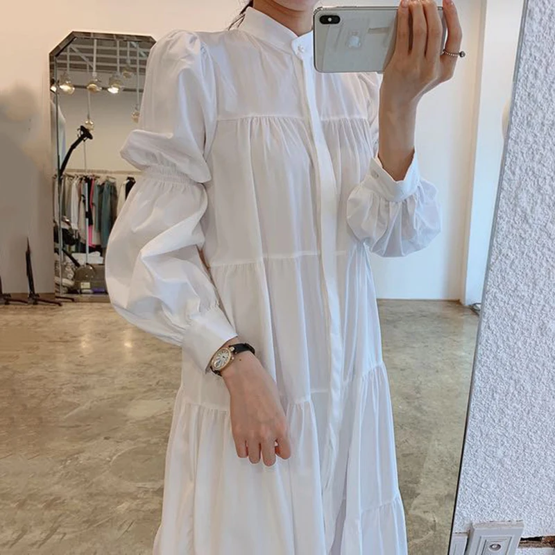 E y Chic Vestido Csero con Cuello Alto y Mangas Abullonadas, Falda Larga, Estilo Hoado para Mujer, Versión Corean...