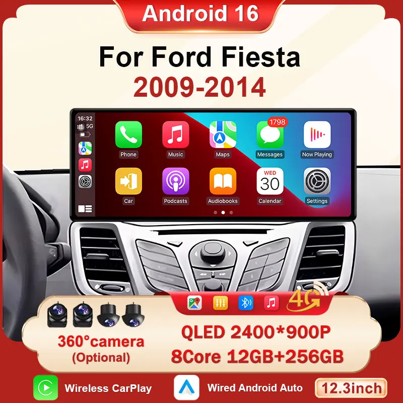 12.3” Car Video Multimedia Auto Tools Player No 2 din WiFi Android 16 GPS Carplay for Ford Fiesta 2009-2014 QLED HD Screen DSP