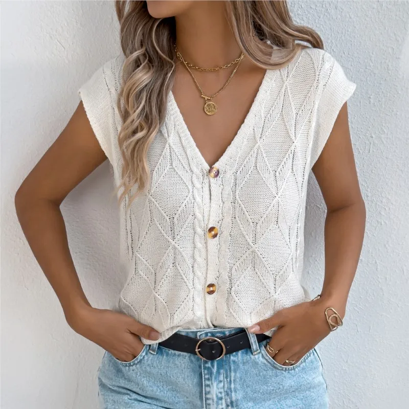 

Women's Knitted Top 2026 Spring/Summer Casual Solid Color Button V-neck Knitted Top Holiday Top Women's Wear