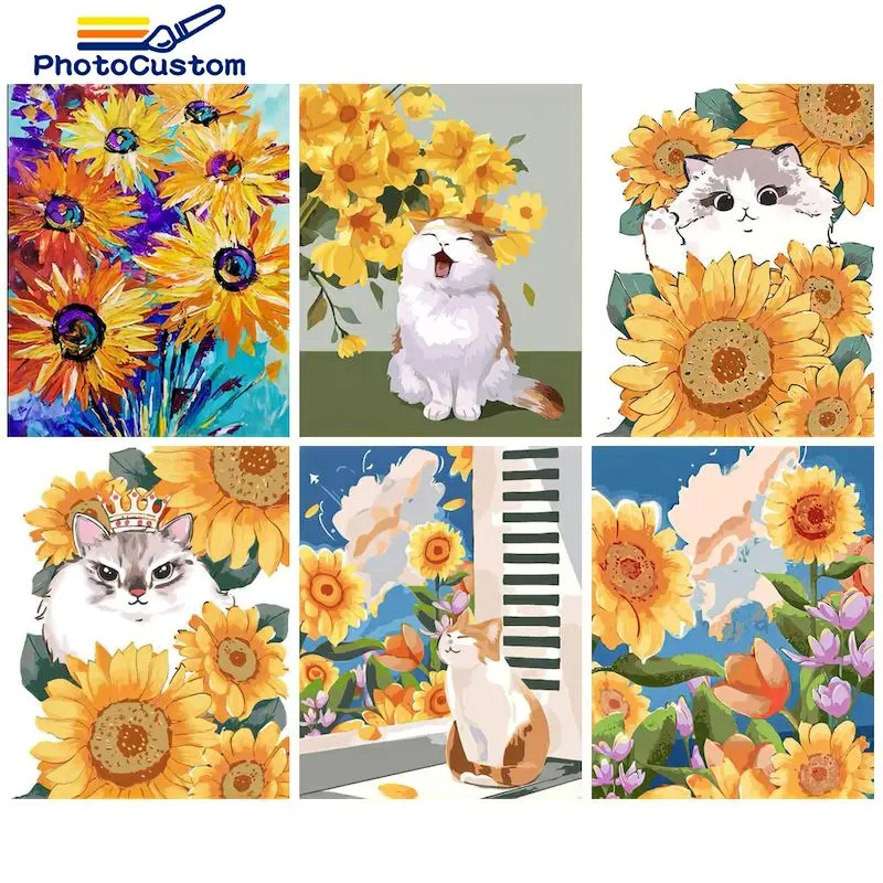 PhotoCustom DIY Pictures By Number Cat and sunflower Kits Home Decor Painting By Numbers Scape Drawing On Canvas Art Gift